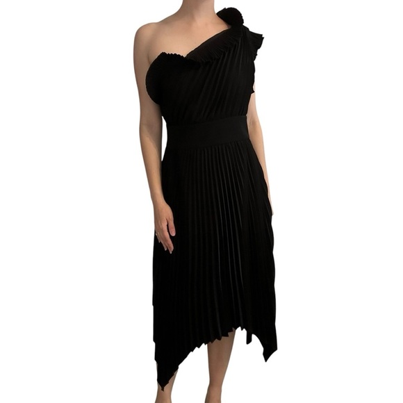 Mossman the Ladylike Midi Dress Black One Shoulder Pleated Formal Size 6 Small - Picture 1 of 7